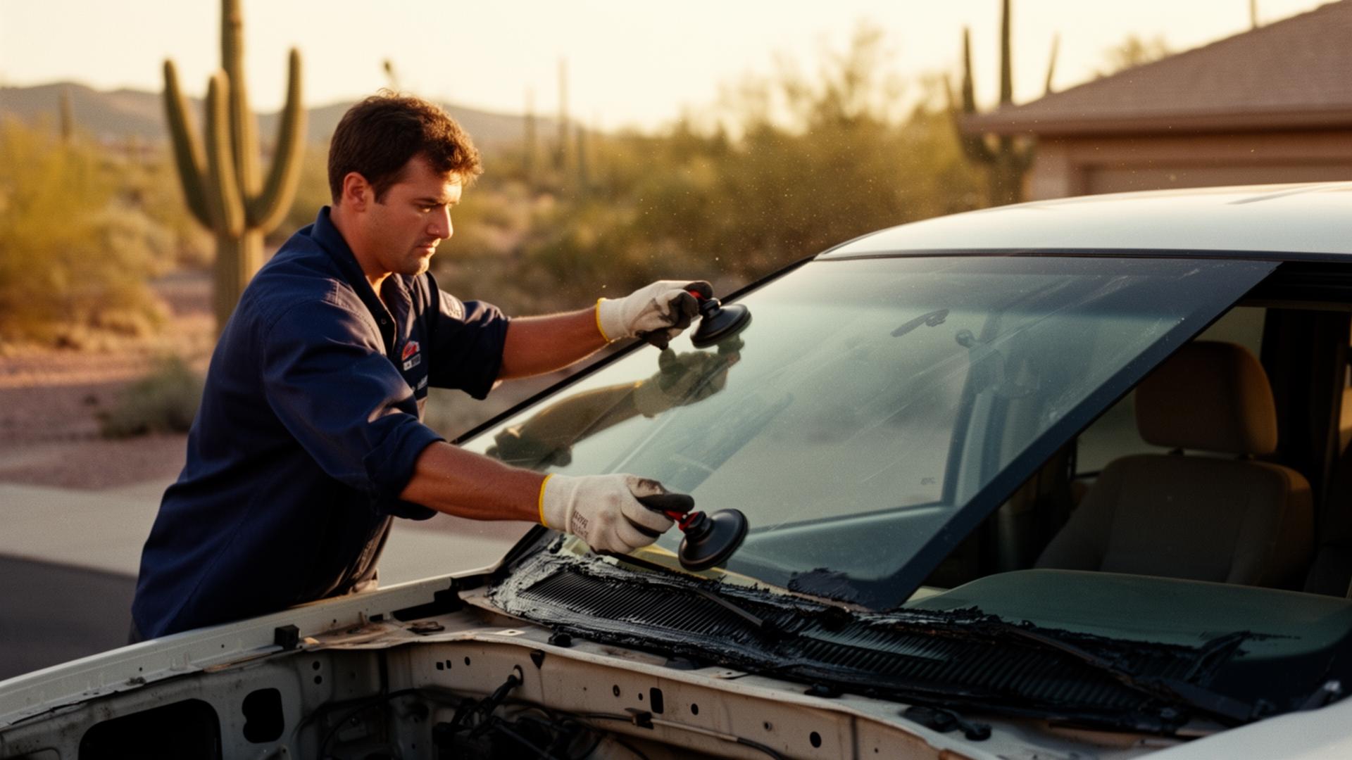 Starlight technician installing a windshield on a Ford F-150 in a Phoenix driveway at golden hour